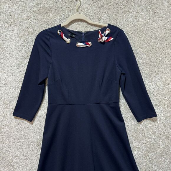Talbots Ponte Fit &‎ Flare Dress Women's 4P Navy Blue Scarf Tie 3/4 Sleeve NWT - Picture 2 of 12
